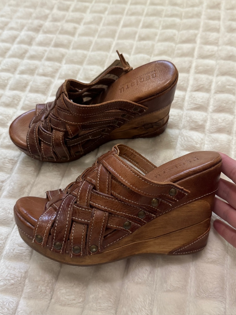 Bed Stu 6 Gina Brown‎ Woven Leather Wedge Slides Sandals ~ Boho Festival
